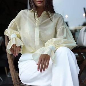 Long Sleeve Sheer Organza Blouse - Purple Button Up Shirt with Cuffs - Formal Office Wear Lemon