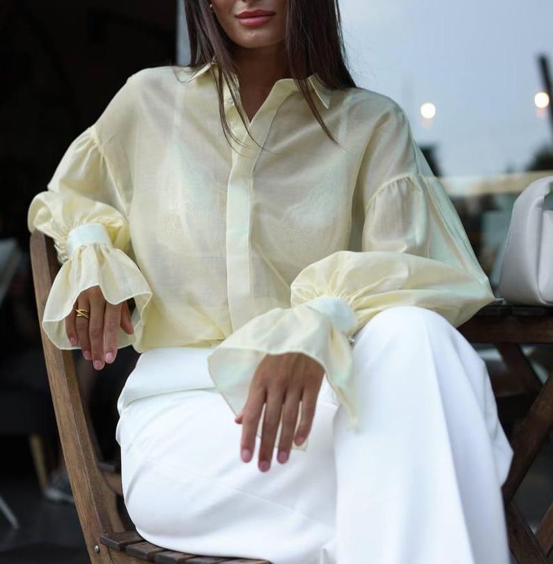 Long Sleeve Sheer Organza Blouse - Purple Button Up Shirt with Cuffs - Formal Office Wear Lemon