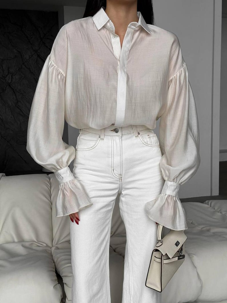 Long Sleeve Sheer Organza Blouse - Purple Button Up Shirt with Cuffs - Formal Office Wear Milky