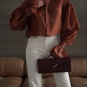 Long Sleeve Sheer Organza Blouse - Purple Button Up Shirt with Cuffs - Formal Office Wear Terracotta