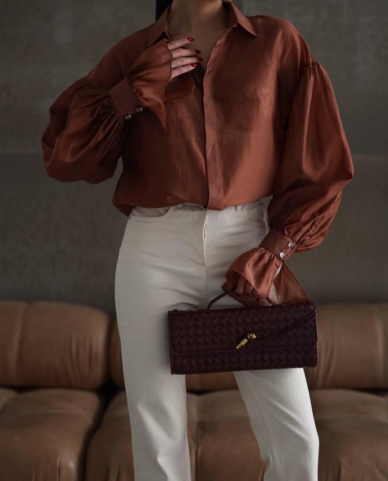 Long Sleeve Sheer Organza Blouse - Purple Button Up Shirt with Cuffs - Formal Office Wear Terracotta
