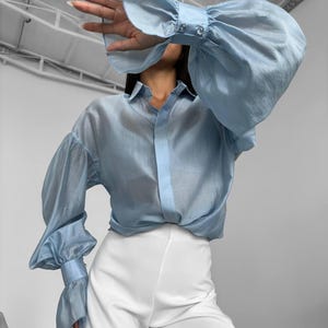 Long Sleeve Sheer Organza Blouse - Purple Button Up Shirt with Cuffs - Formal Office Wear image 9