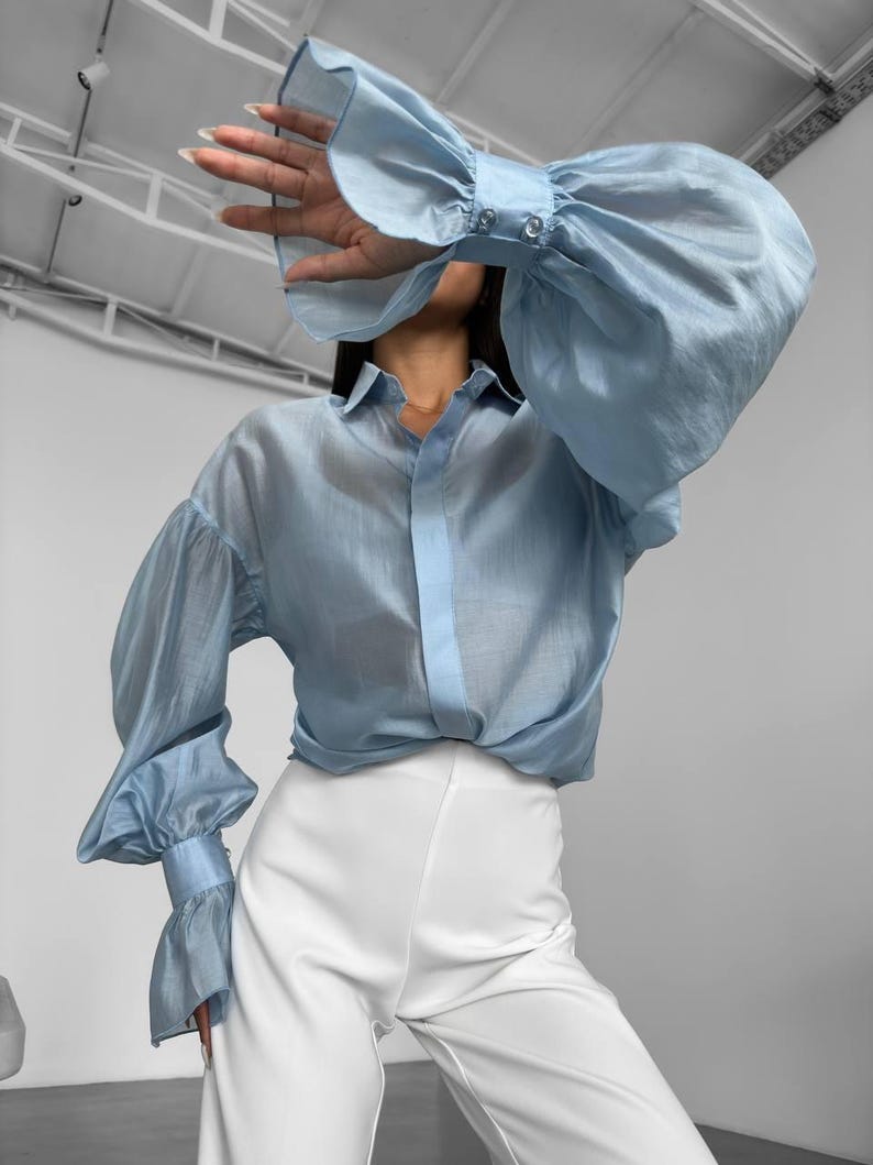 Long Sleeve Sheer Organza Blouse - Purple Button Up Shirt with Cuffs - Formal Office Wear image 9