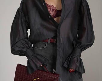 Graphite Sheer Organza Button Up Blouse - Long Sleeve Shirt for Evening, Office & Formal Events