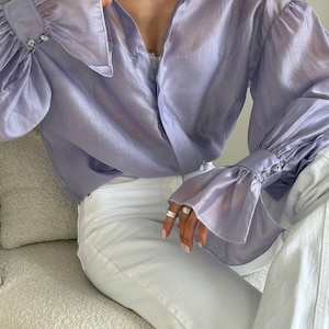 Long Sleeve Sheer Organza Blouse - Purple Button Up Shirt with Cuffs - Formal Office Wear Purple