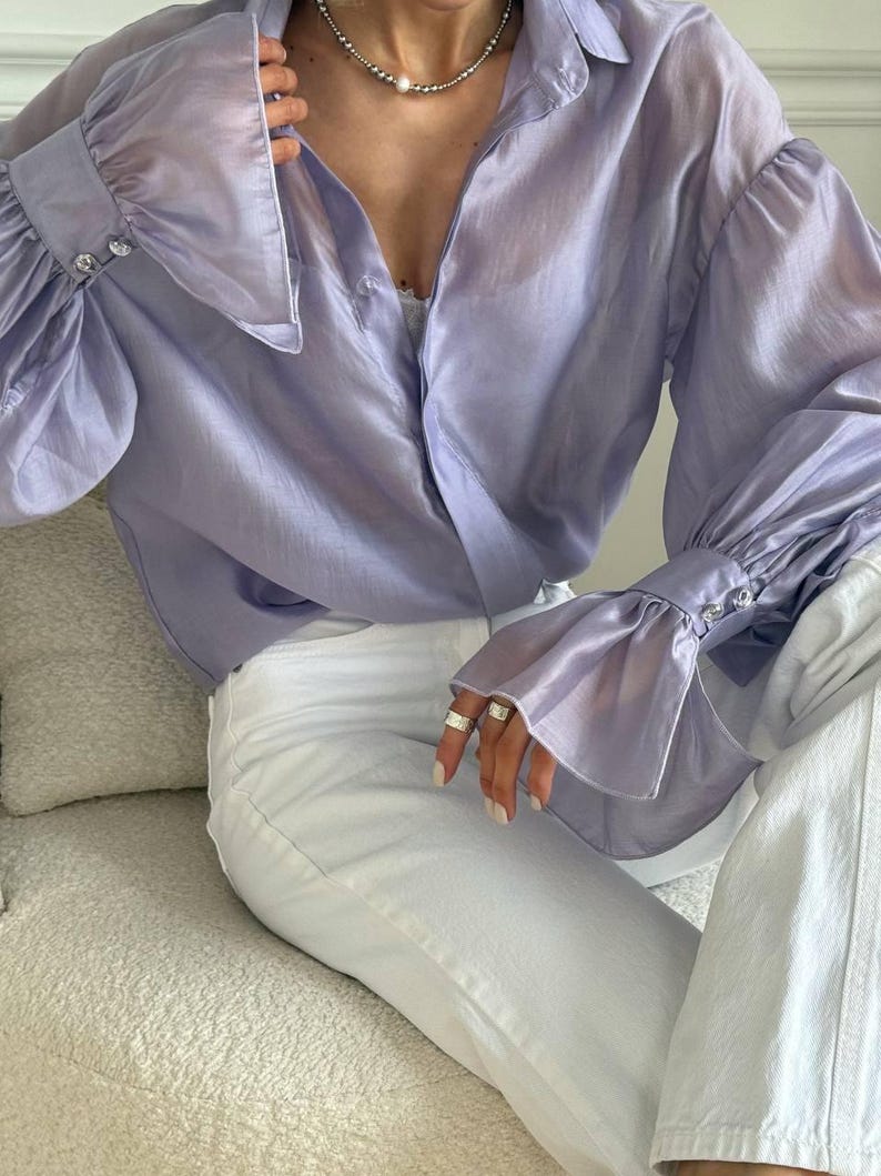Long Sleeve Sheer Organza Blouse - Purple Button Up Shirt with Cuffs - Formal Office Wear Purple