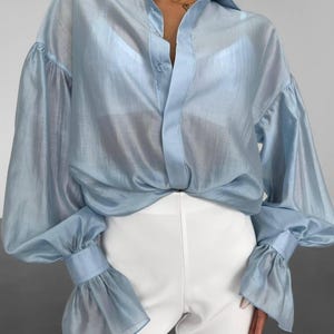 Long Sleeve Sheer Organza Blouse - Purple Button Up Shirt with Cuffs - Formal Office Wear Blue