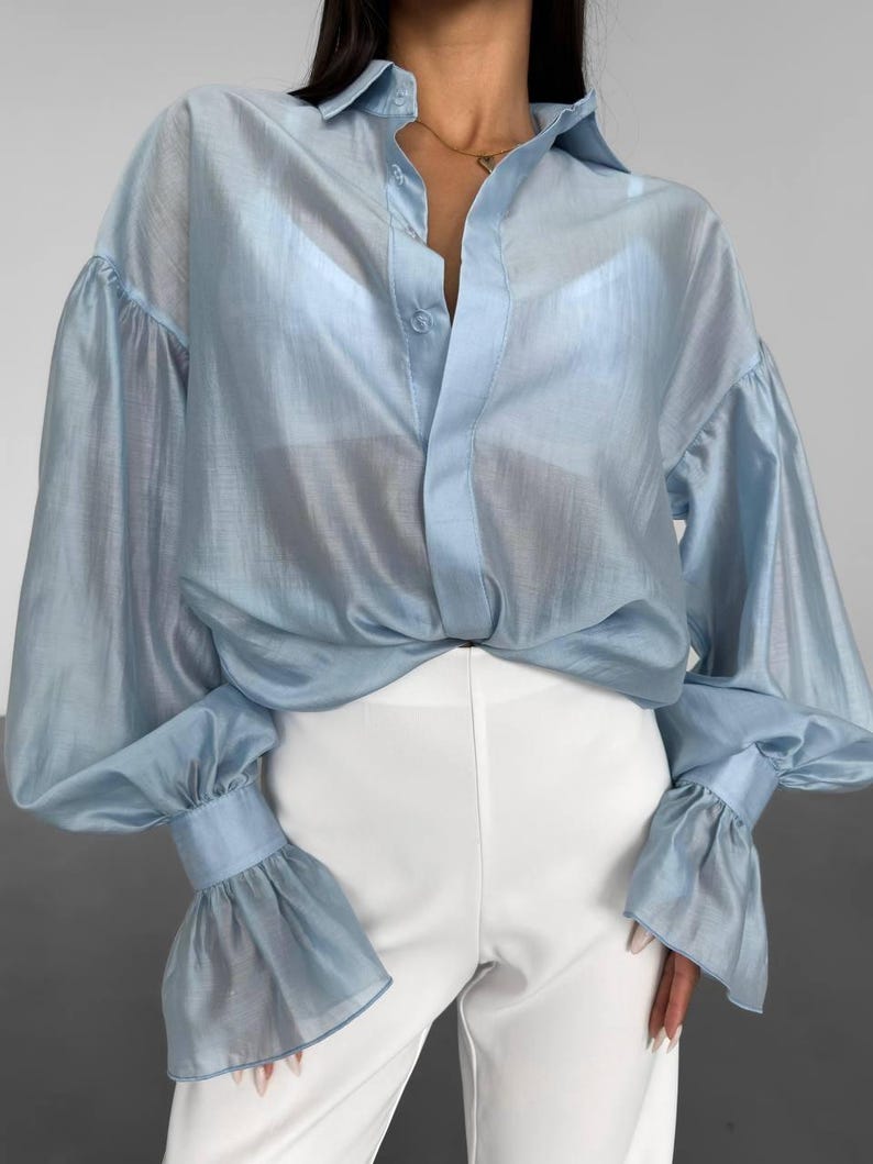 Long Sleeve Sheer Organza Blouse - Purple Button Up Shirt with Cuffs - Formal Office Wear Blue