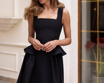 Wedding Guest Dress, Black Square Neck Midi Dress, Elegant Cocktail Dress, Formal Occasion Dress