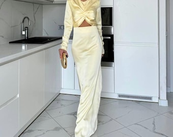 Gelbes Satin Maxikleid - Langarm-Hochzeitsgastkleid, Abendkleid Maxikleid, romantischer formeller Look