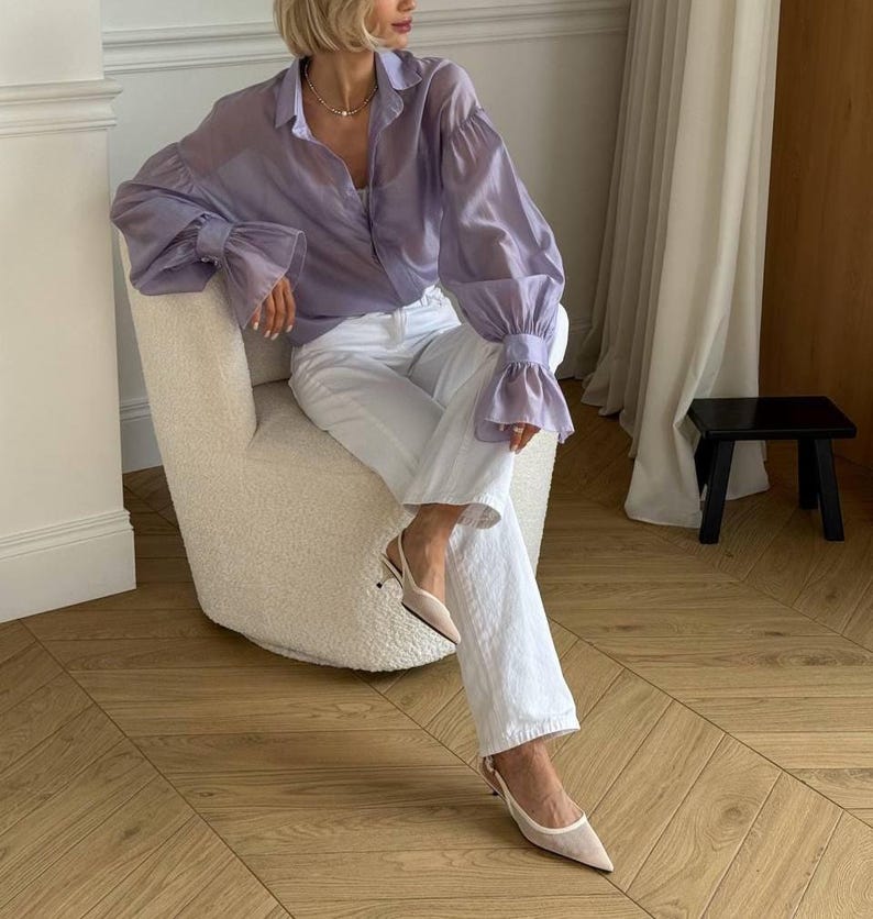 Long Sleeve Sheer Organza Blouse - Purple Button Up Shirt with Cuffs - Formal Office Wear image 3