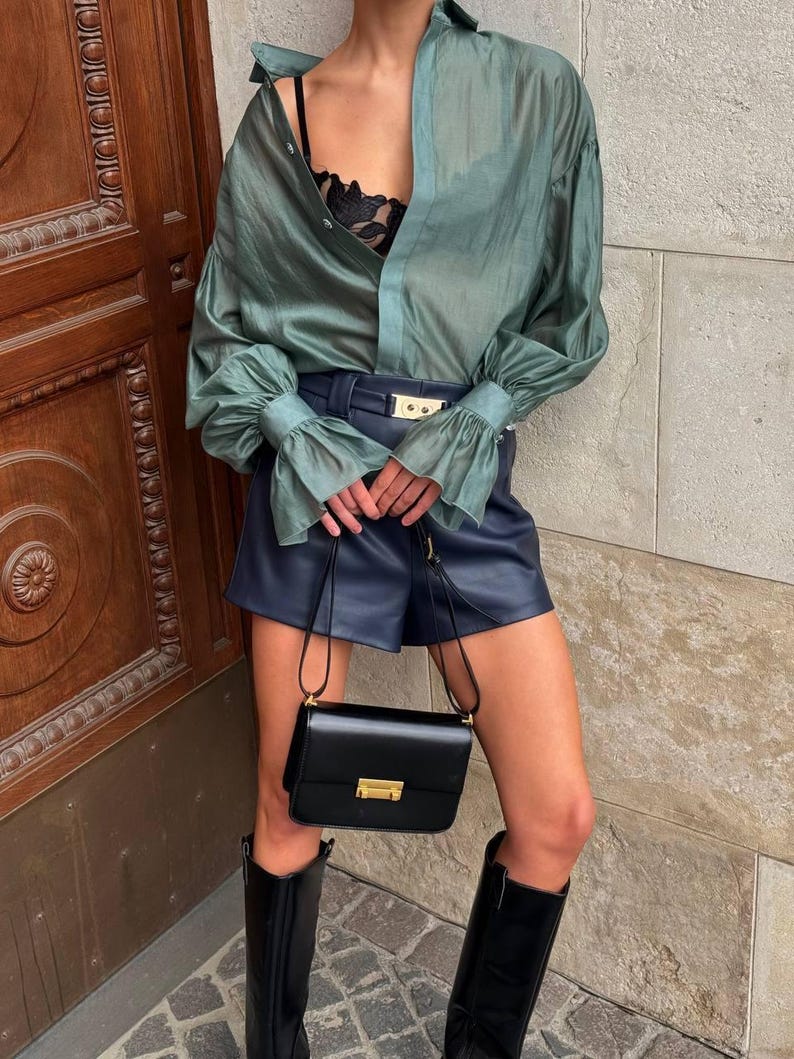 Long Sleeve Sheer Organza Blouse - Purple Button Up Shirt with Cuffs - Formal Office Wear Green