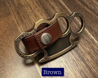 Brown Leather Brass Knuckles Belt Clip, EDC, Handmade Tools, Belt Accessories, Unique Gift for Him