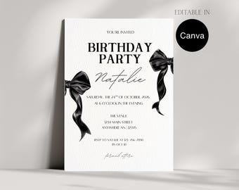 May include: A white birthday party invitation with black text and accents. The invitation includes the text "BIRTHDAY PARTY Natalie" and features black bow illustrations. The Canva logo is in the upper right corner.