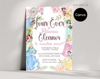 Four Ever a Princess Invitation | Princess 4th Birthday Invite | Editable Pink Princess Party | Girl Birthday Canva Template