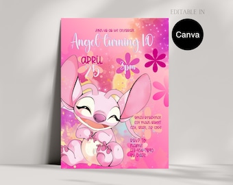 Invitación de cumpleaños de ángel, invitación para fiesta de Stitch, plantilla editable de Canva (descarga digital)