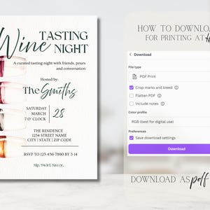 May include: A white invitation for a wine tasting night, featuring watercolor illustrations of wine glasses with different colored wines. The text includes event details and instructions for downloading a PDF.