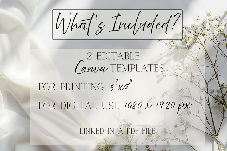 May include: Image features text: "What's Included?" and details about 2 editable Canva templates. Includes printing size 5"x7" and digital use size 1080 x 1920 px. The templates are linked in a PDF file. The background is white with floral accents.