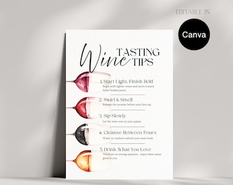 May include: A white poster with watercolor illustrations of wine glasses and the text "Wine Tasting Tips." The tips include instructions on how to taste wine, such as swirling, smelling, and sipping. The poster is editable in Canva.