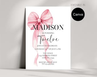 Invitation premier anniversaire avec noeud rose, jolie coquette d'invitation