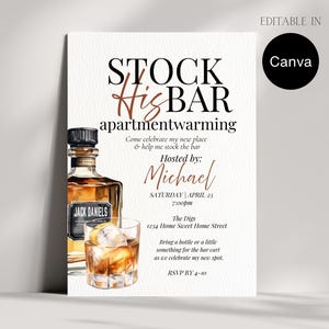 May include: A watercolor-style invitation for a housewarming party. The invitation features a bottle of Jack Daniel's whiskey and a glass of whiskey with ice. The text reads "Stock His Bar" and includes event details.