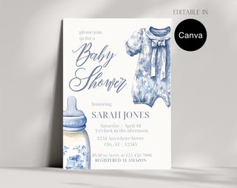 Blue Toile Baby Shower Invitation | Gender Neutral, Printable (Digital)