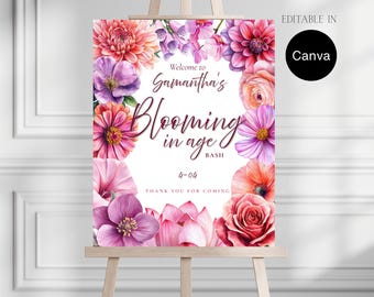 Blooming in Age Birthday Welcome Sign | Spring Floral Adult Birthday | Elegant Female Birthday | Editable Garden Party