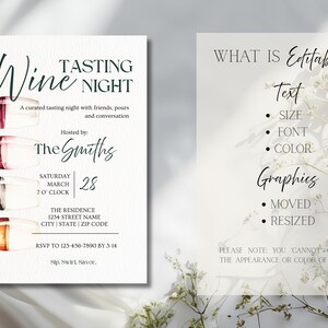 May include: Wine Tasting Night invitation with watercolor wine glasses. The invitation includes event details, such as the date, time, and location, and the text "What is Editable".