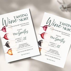 May include: Two invitations for a wine tasting night. The design features watercolor illustrations of wine glasses with different colored wines. The text includes "Wine Tasting Night" and event details.