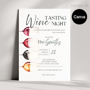 Könnte beinhalten: Einladung zur Weinprobe mit Aquarell-Weingläsern in Rot-, Schwarz- und Goldtönen. Die Einladung enthält Veranstaltungsdetails, die von The Smiths veranstaltet werden, sowie RSVP-Informationen.