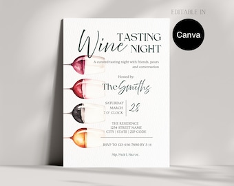 May include: Wine Tasting Night invitation with watercolor wine glasses in shades of red, black, and gold. The invitation includes event details, hosted by The Smiths, and RSVP information.