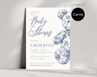 Blue Toile Teddy Bear Baby Shower Invitation | Gender Neutral, Printable (Digital Template)