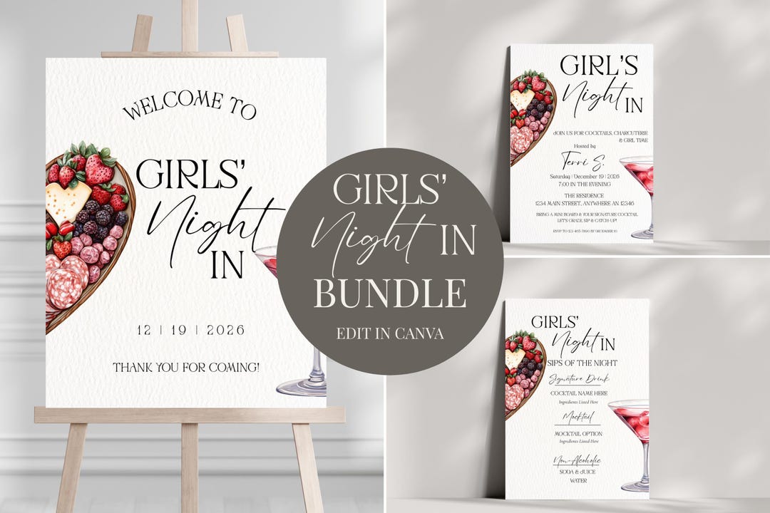 Girls Night in Invitation Bundle | Editable Welcome Sign & Bar Menu ...