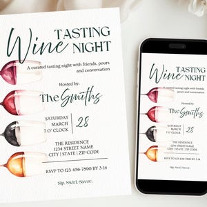 May include: A white invitation and a smartphone display a "Wine Tasting Night" design. The design includes wine glasses with colored wine, event details, and the text "The Smiths".