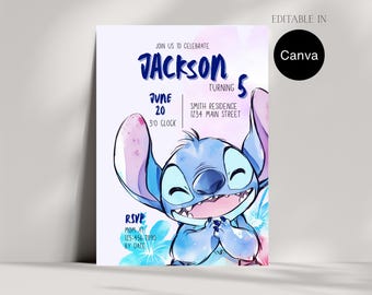 Stitch Birthday Invitation Editable, Blue Tropical Cartoon Party Invite, Kids Birthday Digital Download, Instant Access Canva