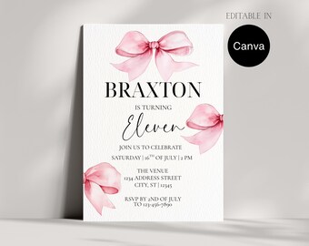 Invitation premier anniversaire avec noeud rose, jolie coquette d'invitation