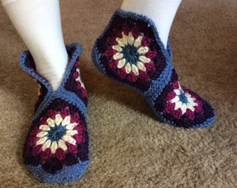 Handmade crochet slipper shoes, House shoes, Crochet slippers in blue, white and purple tones