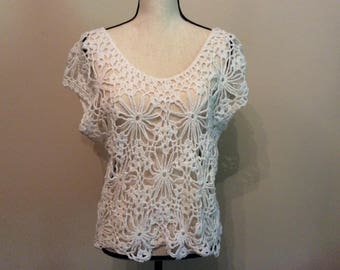 Handmade crochet mesh white floral top, Crochet white top,Crochet Pullover,Crochet top, summer top,Handmade cover up, Handmade crochet top