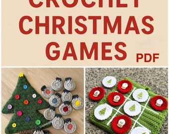 May include: A PDF pattern titled CROCHET CHRISTMAS GAMES featuring a green crocheted Christmas tree with colorful buttons, gray crocheted ornaments, and a green crocheted tic-tac-toe board with red and white circular pieces featuring small icons.