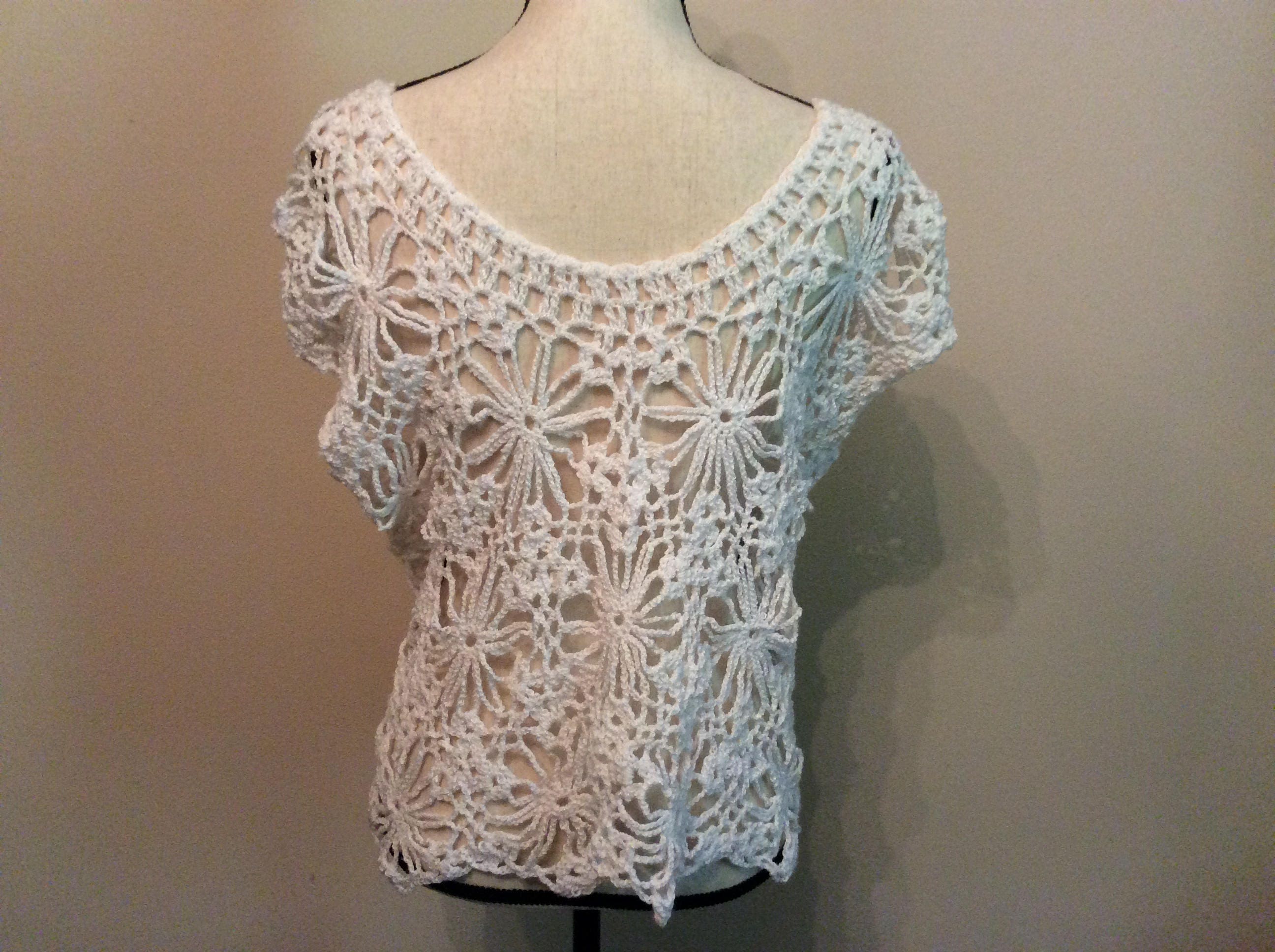 Handmade crochet mesh white floral top Crochet white | Etsy