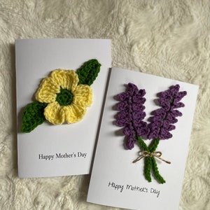 Cartão de Dia das Mães, cartão de lavanda, cartão de flor, cartão de crochê, cartão de flor de crochê, cartão de margarida, flores
