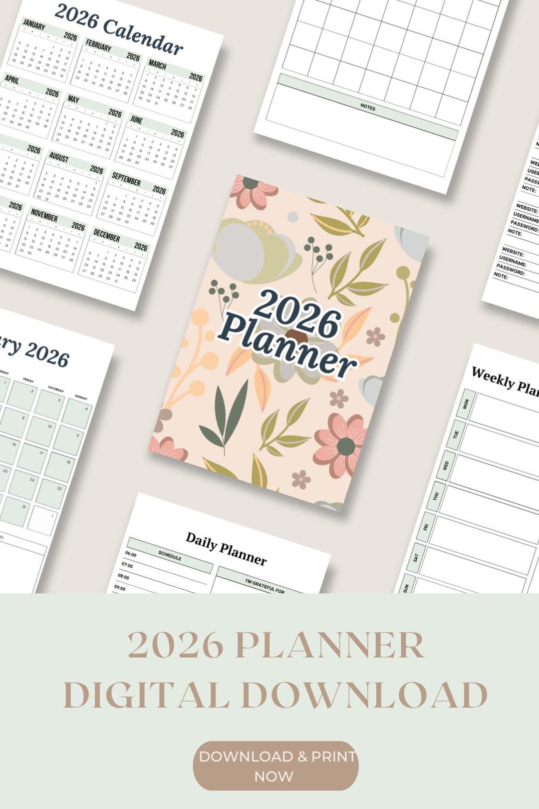 2026 Planner Printable • Daily Weekly Monthly Planner • Yearly Calendar ...