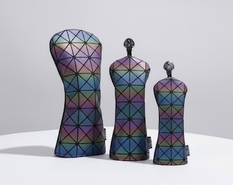 Juego de fundas geométricas para palos de golf, color índigo y verde azulado, de piel sintética y forro de terciopelo