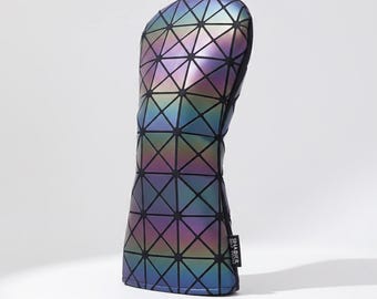 Funda de golf con diseño geométrico en verde azulado índigo para driver: piel sintética, forro de terciopelo y bordado.