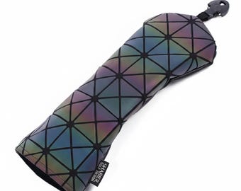 Funda de palo de golf con diseño geométrico de madera de calle, color índigo y verde azulado, de cuero sintético y bordada.