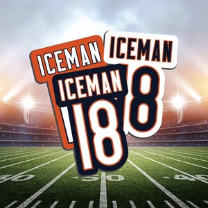 May include: Image features three stylized logos with the word "ICEMAN" and the number "18" in a football stadium setting. The logos are in orange, white, and navy blue, set against a green field and stadium lights.
