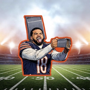 May include: An illustration of a football player in a Chicago Bears uniform, number 18, holding a grater and a cheese grater. The background is a football field and stadium.
