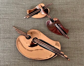 RAME Artist Palette - Brooch and Clip Earrings - Mid Century COPPER Jewelry -  Unique Gift for an Artist - Jewelry Set - Jewelry PARURE