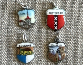 Souvenir TARVEL CHARMS - Vintage Travel Shield Charms - Switzerland - Amsterdam - 800 Silver - Tourist Charm - Vintage Enamel Charms - Bern