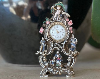 Taylor Miniature Enameled Figural Clock - Collectors Clocks - Miniature Clocks - Clock BROOCH - Clock Jewelry - Sub Miniature Clocks